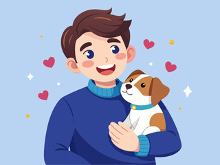 Happy Young Man Holding Adorable Puppy Dog Showing Affection