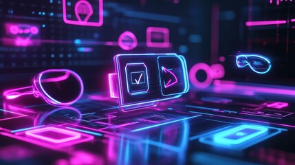 Futuristic digital interface with glowing icons.  Interactive technology concepts