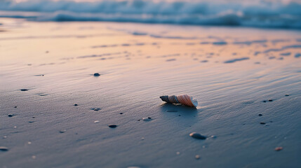 Solitary seashell resting peacefully on the shoreline at sunset, serene coastal vibe