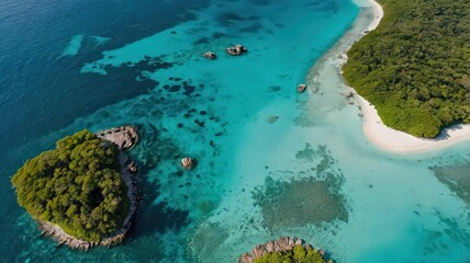 Tropical island paradise surrounded by turquoise ocean and reef