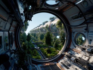 Fototapeta premium A view from a spaceship window reveals a lush, green space station, blurring the lines between technology and nature in a futuristic landscape.