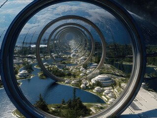 Fototapeta premium Futuristic space habitat featuring a ring-shaped structure with Earth in the background and residences nestled within a vibrant landscape.