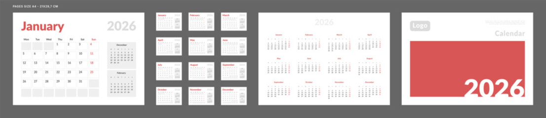 2026 Calendar Planner Set of Template Monthly Page, Cover with Place for Photo, Company Logo, Annual 2026. Vector layout of a wall or desk calendar with week start Monday for print. Page A4 -21x29.7cm