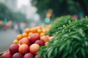 close-up of bustling street commerce capturing vibrant market stall with fresh produce against urban backdrop
