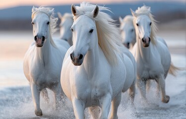 Obraz premium A group of white horses running along the beach at sunset