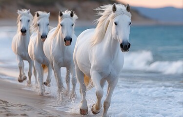 Obraz premium A group of white horses running along the beach at sunset