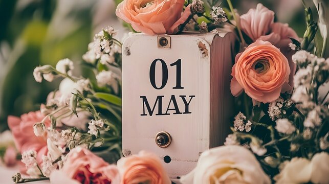 "01 May" Text on White Wooden Board with Spring Flowers and Black Ink Numbers