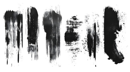 Rough Asian calligraphic ink brush strokes. Korean, Chinese, Japanese ink blots, splotches, stains on paper. Grungy vector hand-drawn textures collection. Isolated high definition elements Ai Generate