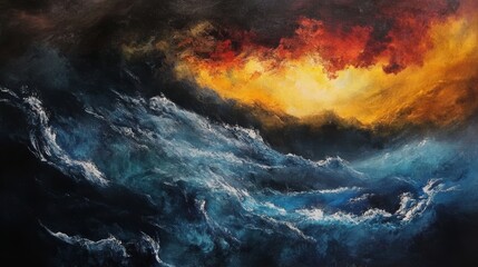 Fototapeta premium Fiery Sunset over Turbulent Ocean Waves - Abstract Painting