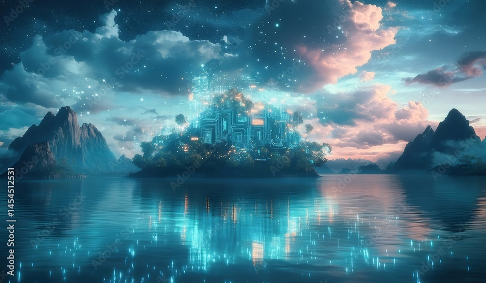Aufkleber 夜空の下で輝く魔法の島 青い湖面に映る光景と神秘的な風景