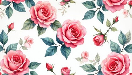 Delicate watercolor roses & leaves, repeating seamlessly , red, tileable