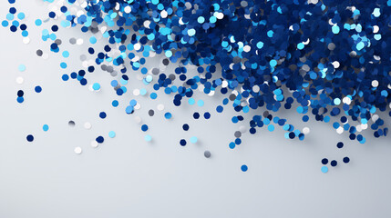 Royal blue and silver falling foil confetti with glitter dust on a gradient background for festive celebrations.

