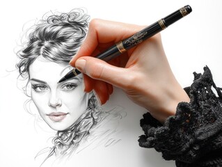 A hand meticulously draws a portrait