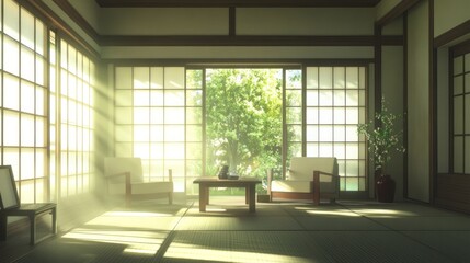 Obraz premium Tranquil Japanese-style living room bathed in sunlight, featuring sliding doors, tatami mats, and comfortable seating
