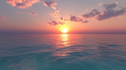 Obraz premium Serene sunset over calm ocean waters with pink and orange clouds.