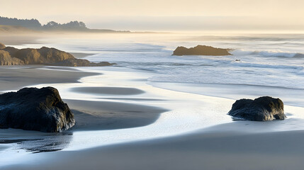 Mystical shoreline vista at dawn, featuring rocks and gentle waves, bathed in soft light