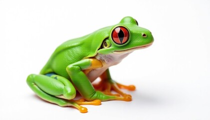 Green tree frog perched on white, vibrant color , green frog, nature photography, background