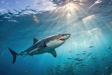 Fototapeta premium Majestic Great White Shark Gliding Through Clear Ocean Waters Generative AI