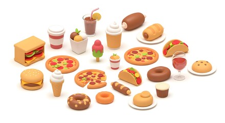 Professional Fast Food Variety Vector Illustration Pack with Food Items on Plain White Background AI File