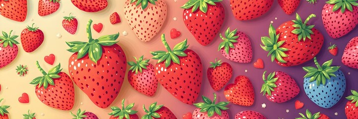 Strawberry Symphony: A vibrant array of fresh strawberries in varying sizes, shapes, and shades of red against a gradient backdrop, inviting the viewer's gaze into a world of delightful fruitfulness.