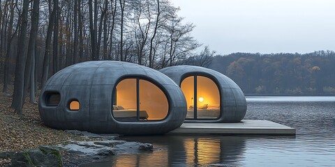 Modern Concrete Pods on Lakeside Dock