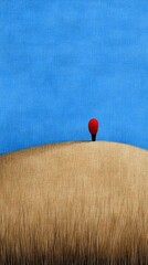 Minimalist painting Red balloon on grassy hill under a blue sky evokes serenity