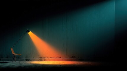 In a minimalistic room, a single chair stands under a lamp providing a striking orange light. Dark walls enhance the intense colors, creating a moody atmosphere.