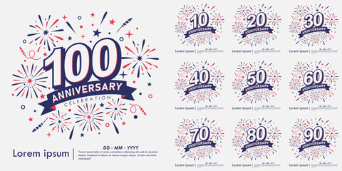Set of 10-100th years anniversary celebration emblem. anniversary logo isolated with fireworks and stars sparkle and ribbon. vector illustration template design for web, flyers, poster, greeting card