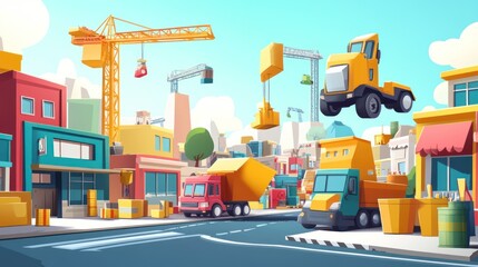 Naklejka premium City street under construction with cranes, trucks, and buildings.