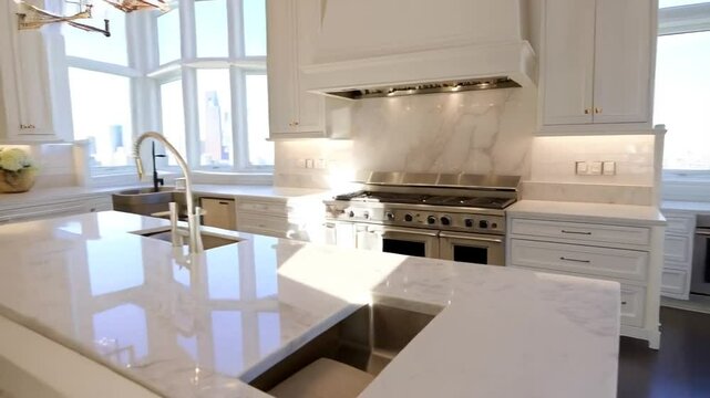 Luxurious modern kitchen with marble countertops and stainless steel appliances