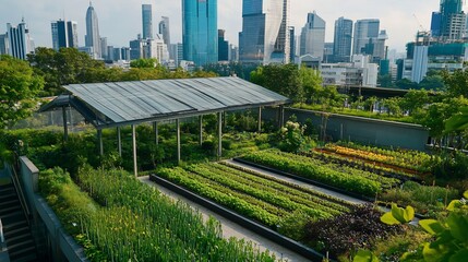 Obraz premium Rooftop garden with various plants and a city skyline in the background