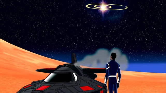 Astronaut in dark suit stands before damaged black and red spaceship on orange alien planet under a star-filled sky with distant galaxy and smoke rising from engine