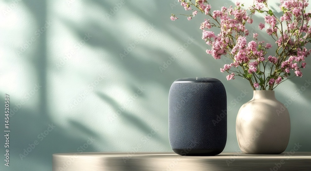 Poster 柔らかな光の中でピンクの花と青いスピーカーが置かれたテーブル 美しい背景と花瓶の風景