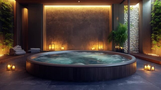 Luxurious indoor spa area with bubbling jacuzzi, warm candlelight, and natural d&eacute;cor elements, evoking peace, relaxation, and rejuvenation in an exclusive wellness retreat