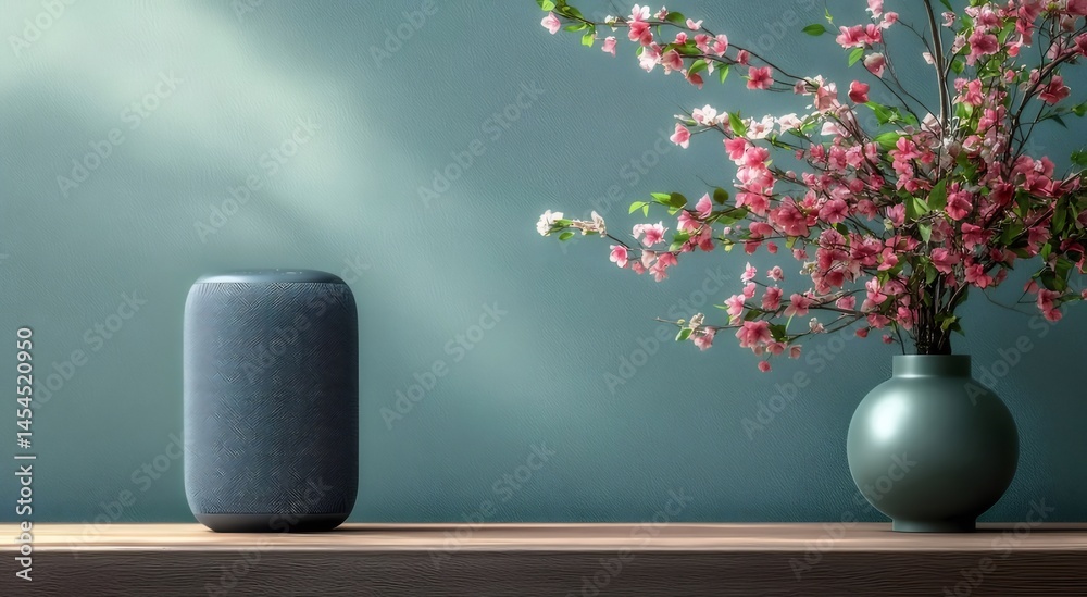 Aufkleber 青緑色の背景に置かれた桜の花とスピーカー 花瓶に入ったピンクの花が棚に 静かなインテリアデザイン