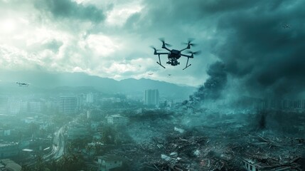 A drone surveys a devastated urban landscape under a stormy sky, highlighting disaster response.