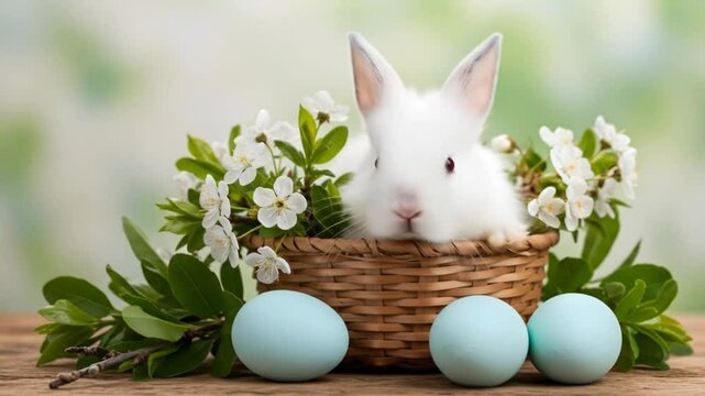 White rabbit in easter basket with flowers and eggs
