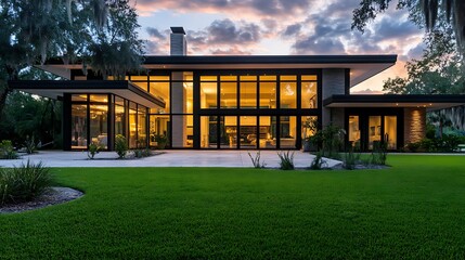 Fototapeta premium Modern home exterior at twilight, showcasing expansive glass.