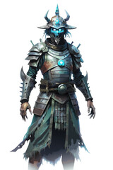 spirit of a dead samurai wearing ancient armor with glowing eyes and ethereal aura, standing silently, horror vector isolated on white background
