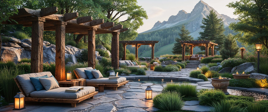 Luxurious outdoor spa with wooden pergolas lounge chairs and stunning mountain scenery