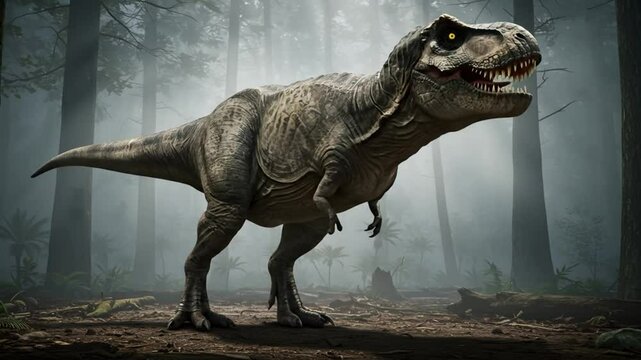 Tyrannosaurus rex in misty forest