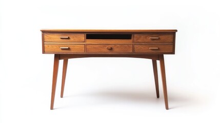 Vintage writing desk with drawers, front view, clean white backdrop