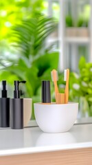Bathroom counter with toiletries, toothbrushes in bowl, and lush green background