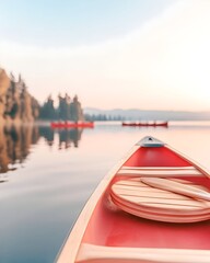 Calm lake sunrise, canoe in focus, other canoes distant