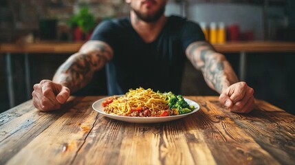 A man with tattoos sits at a wooden table, confronting food.