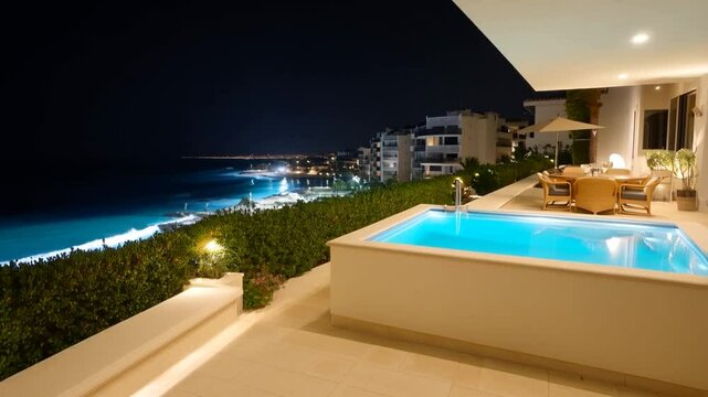 Luxury villa with private pool overlooking ocean at night in cancun mexico