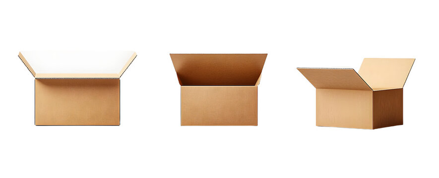 Generate three views, one front view and two side views of the cardboard box on white background, front view angle, side view angle, open top, flat carton, square shape, brown colo