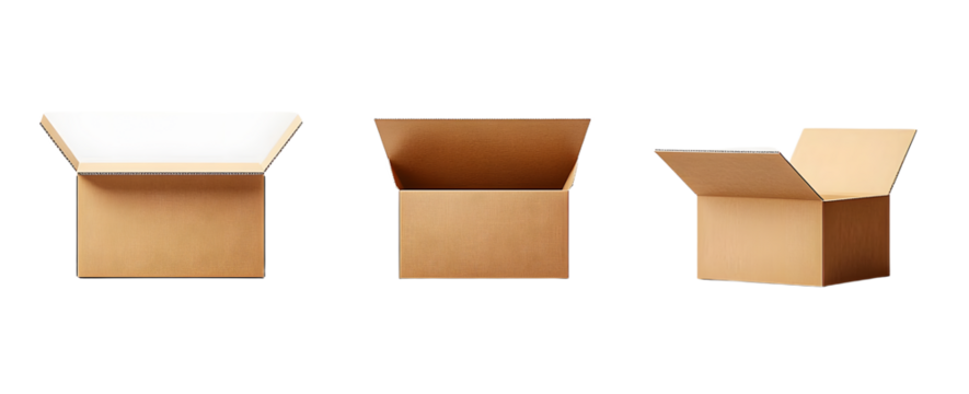 Generate three views, one front view and two side views of the cardboard box on white background, front view angle, side view angle, open top, flat carton, square shape, brown colo