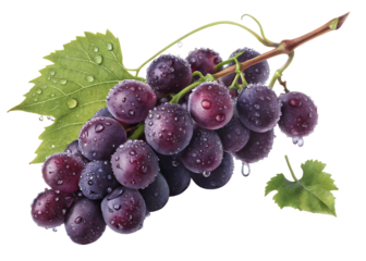 A cluster of dark purple grapes with water droplets and green leaves on a black background close up