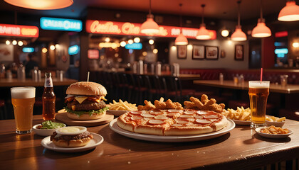 Delicious Burger, Pizza, and Beer in a Lively Pub Setting